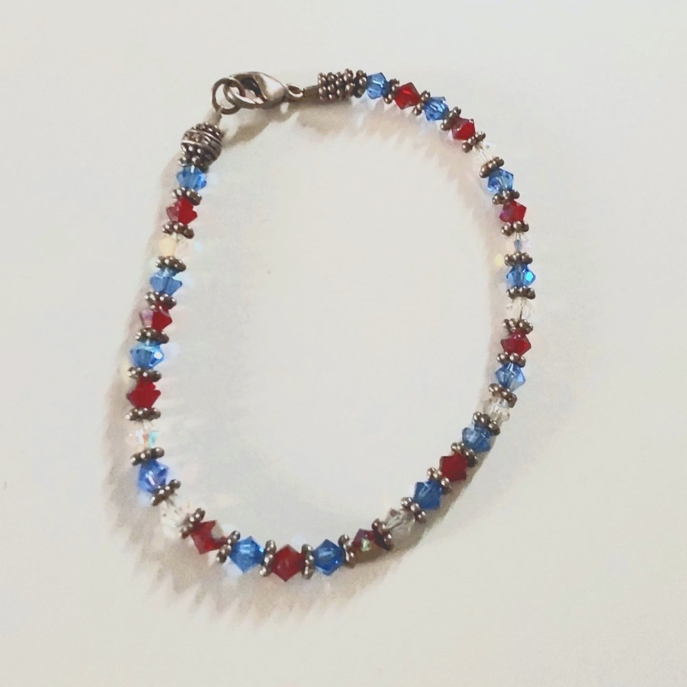 925 Sterling Silver Red White Blue Crystal Bracelet Patriotic 7.5"